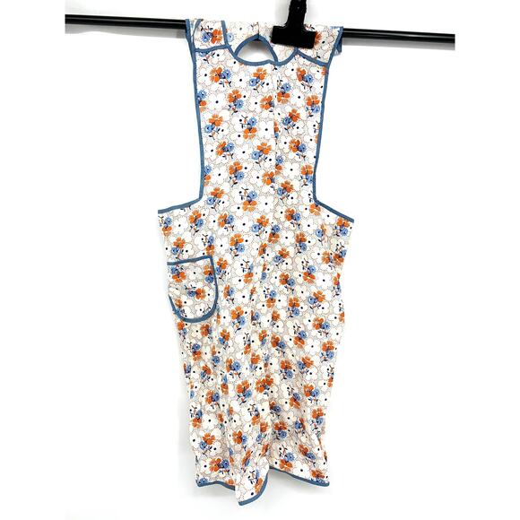 Vintage 60s 70s Floral Print Blue Orange Apron 1 pocket - Picture 1 of 3
